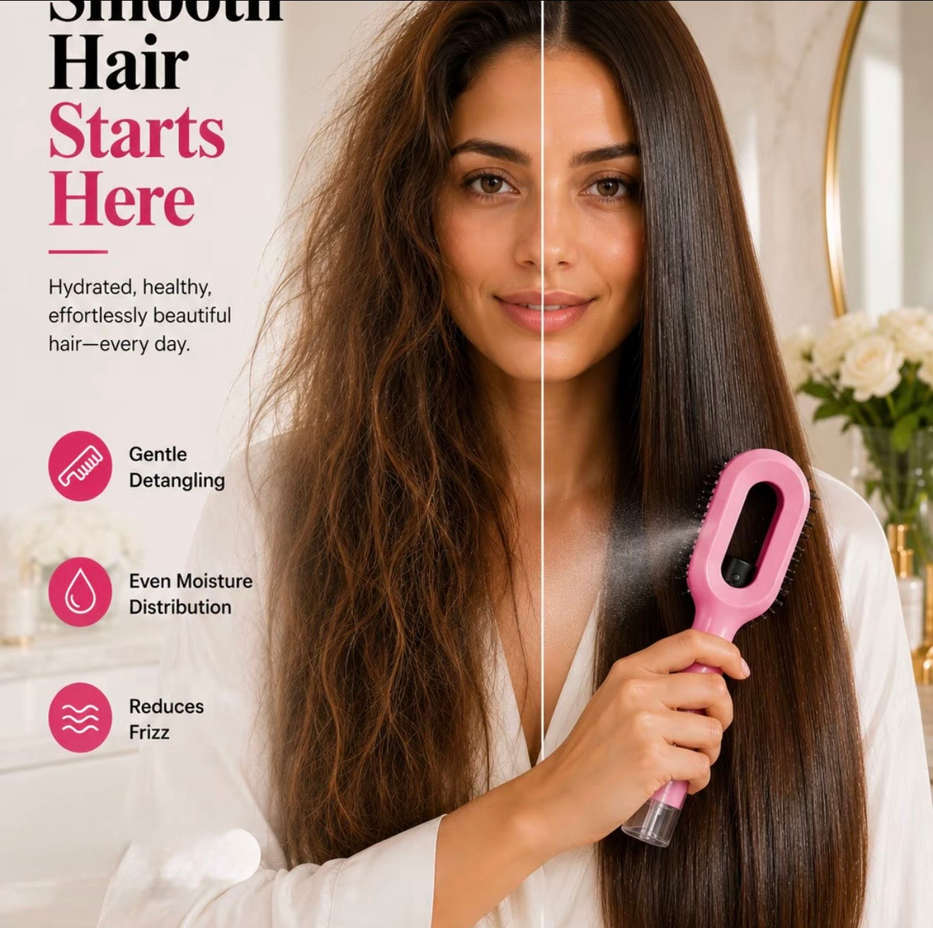 2-in-1 Hair Mist Spray Brush Detangler | Water Spray Hairbrush for Curly, Wavy & Straight Hair | Anti-Frizz