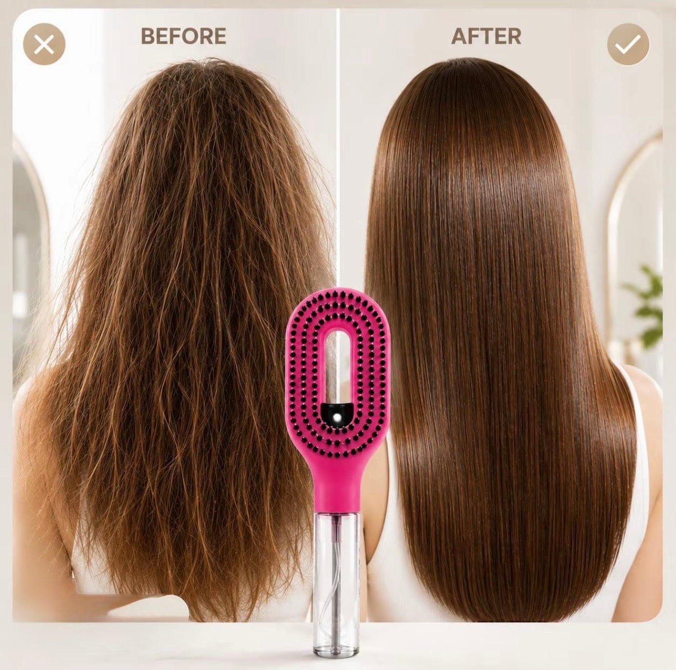 2-in-1 Hair Mist Spray Brush Detangler | Water Spray Hairbrush for Curly, Wavy & Straight Hair | Anti-Frizz