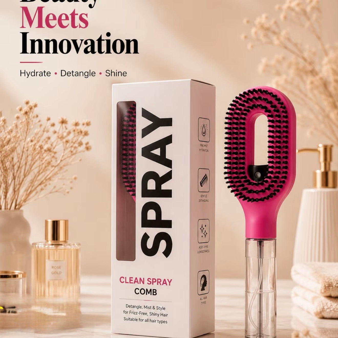 2-in-1 Hair Mist Spray Brush Detangler | Water Spray Hairbrush for Curly, Wavy & Straight Hair | Anti-Frizz